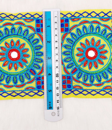 Indian Yellow Fabric Trim, Mirror Floral Kutch Embroidered, Decorative Trim